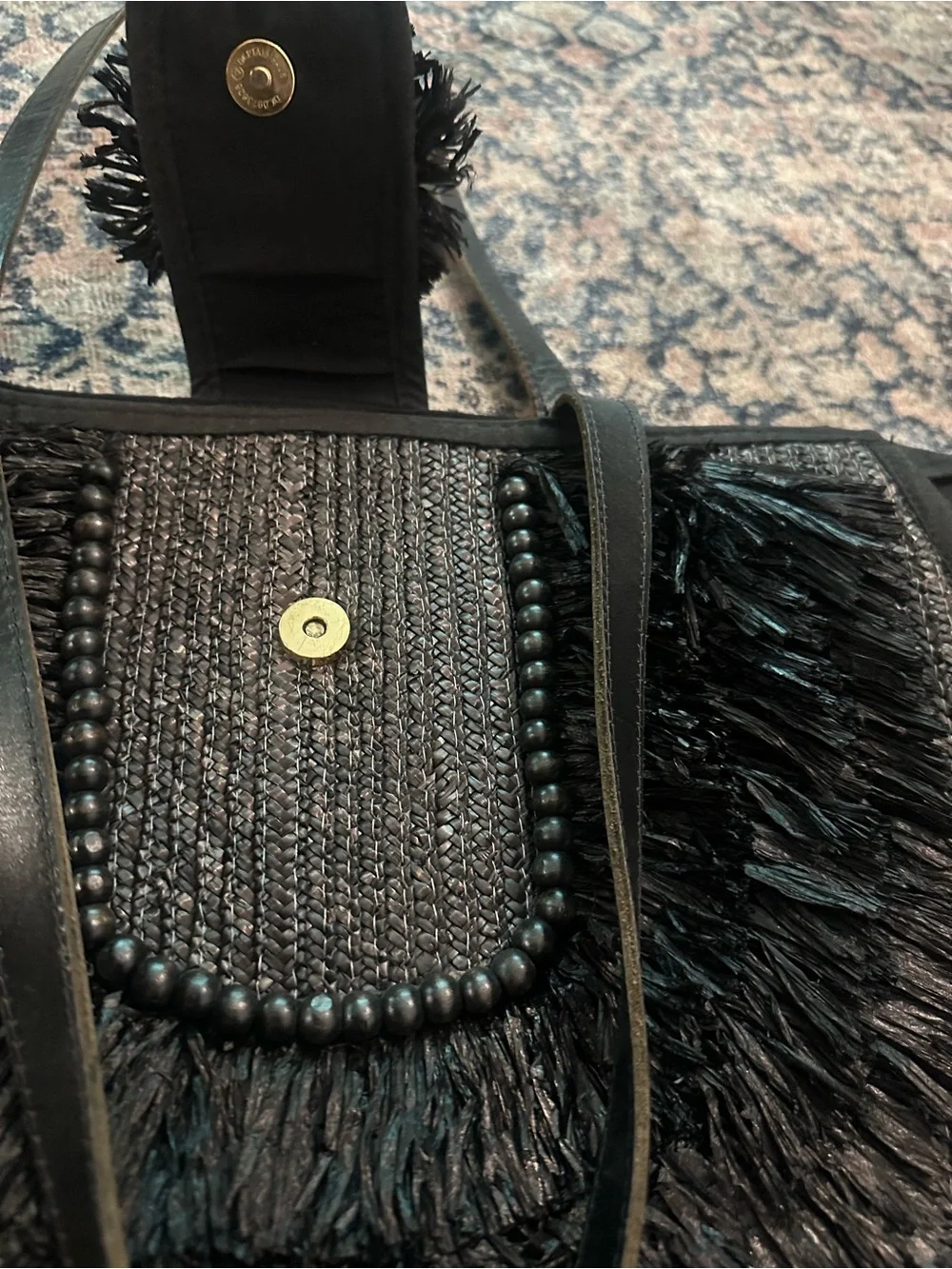 Felix Rey Black Fringe Straw Tote with Seashell Closure beach bag/tote bag